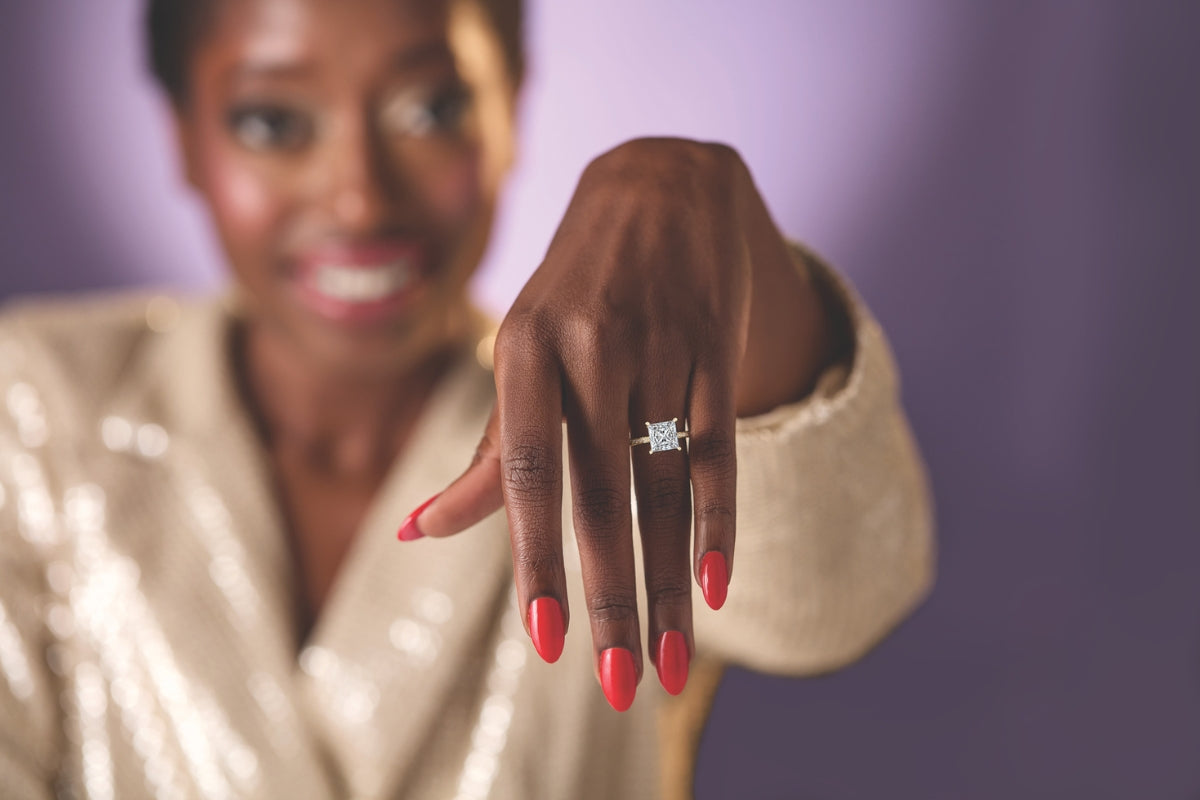 Female Wearing a Princess Cut Diamond Engagement Ring Featuring a Lab-Grown Diamond - Engagement Ring by Soha Diamond Co. in Fitchburg, Wisconsin
