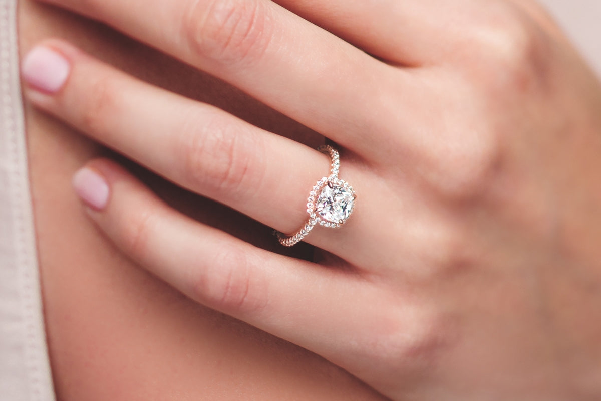 Halo Engagement Ring on Hand Why Does Your Engagement Ring Turn On Your Finger Blog Post Lab-Grown Diamond Engagement Rings by Soha Diamond Co. in Madison, Wisconsin.jpg