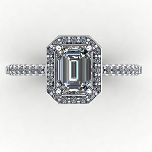 Halo engagement ring with side stones soha diamond co emerald cut