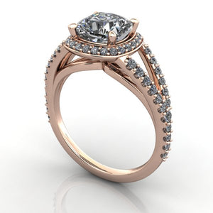 Split shank rose gold halo engagement ring