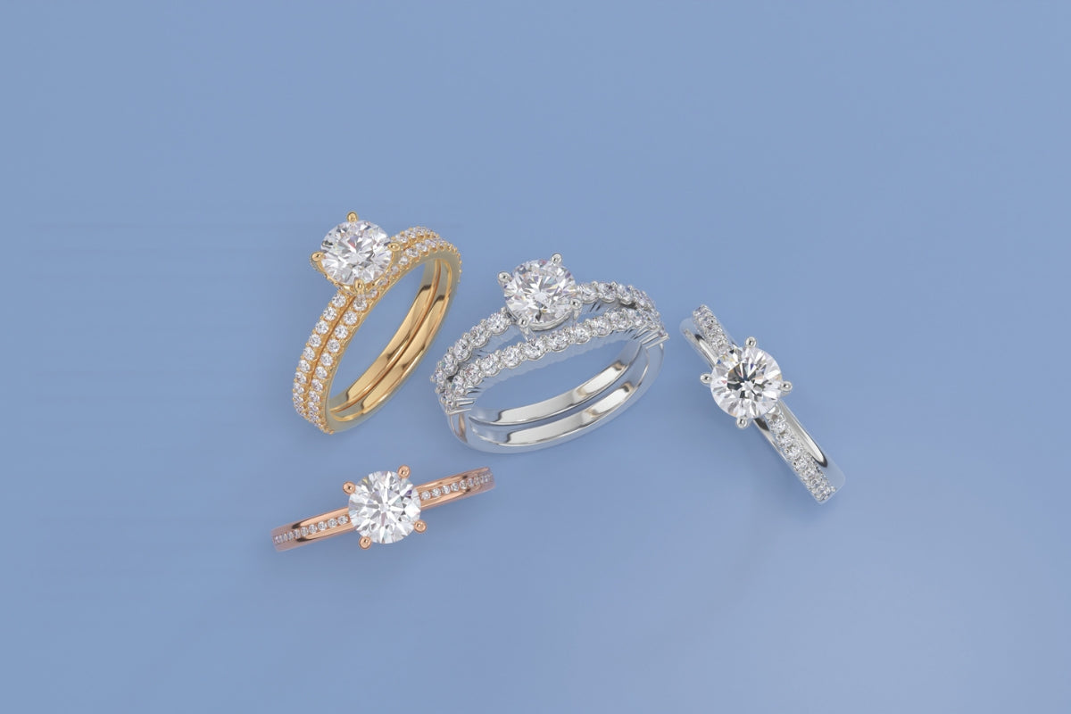 Bridal Set on Blue Background Soldering Engagement Ring to Wedding Band Blog Post Soha Diamond Co. in Fitchburg, Wisconsin