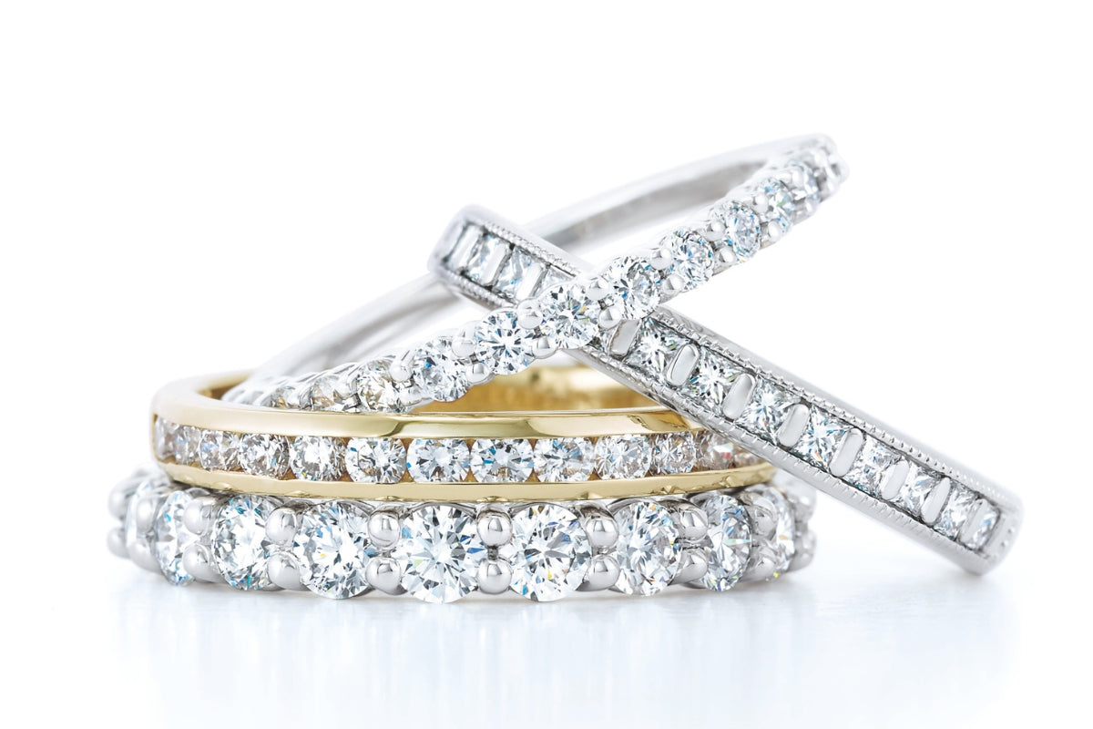 Stackable Lab-Grown Diamond Wedding Band Rings on white background by Soha Diamond Co. in Madison, Wisconsin