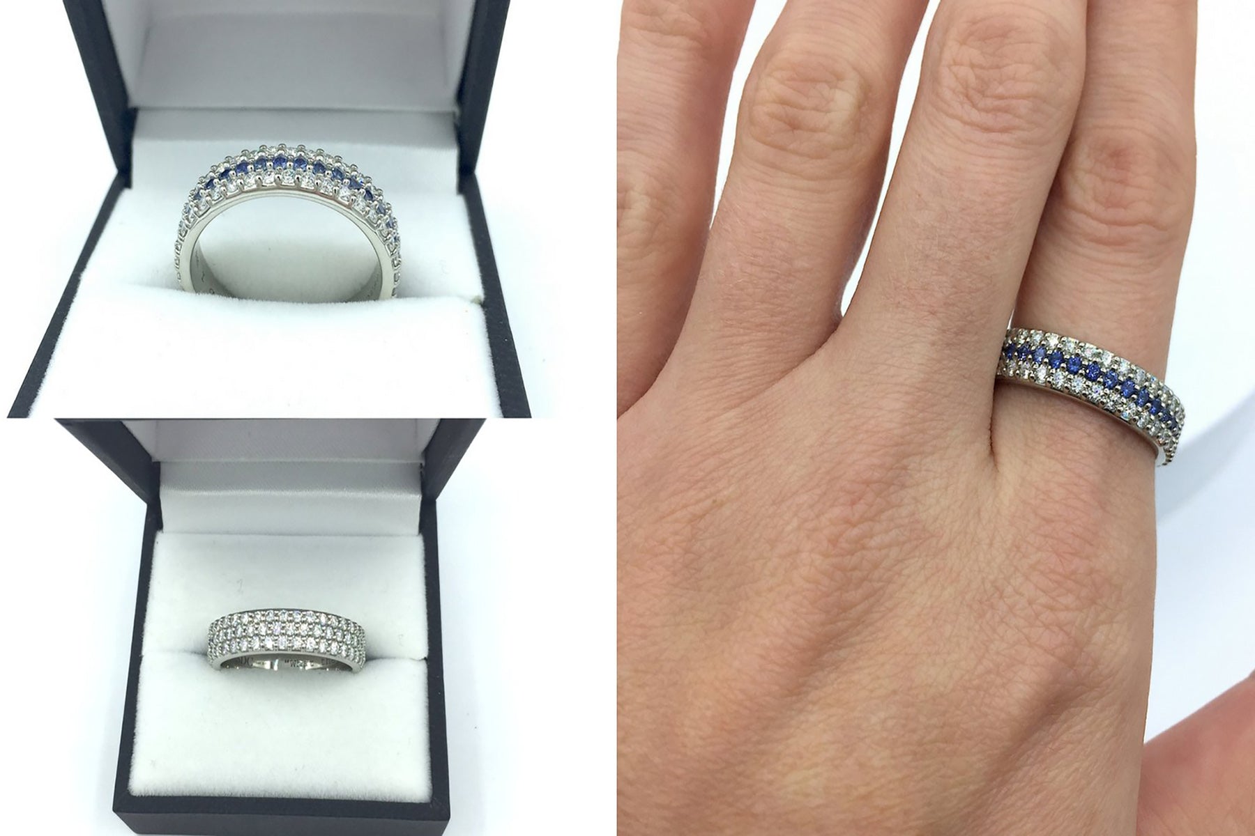 Three row diamond and sapphire wedding ring