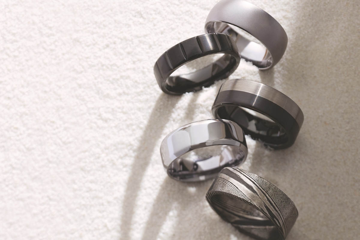 damascus steel men's wedding bands on white background - Soha Diamond Co. Jewelry Store in Madison, Wisconsin