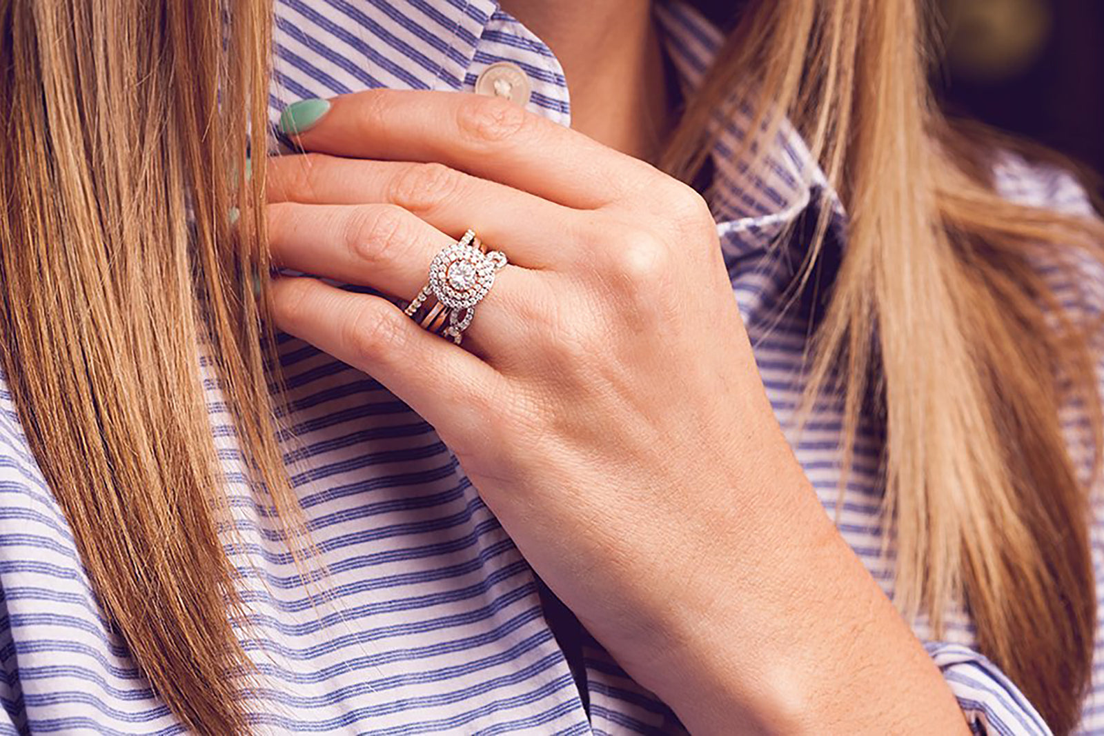 Double halo two tone engagement ring