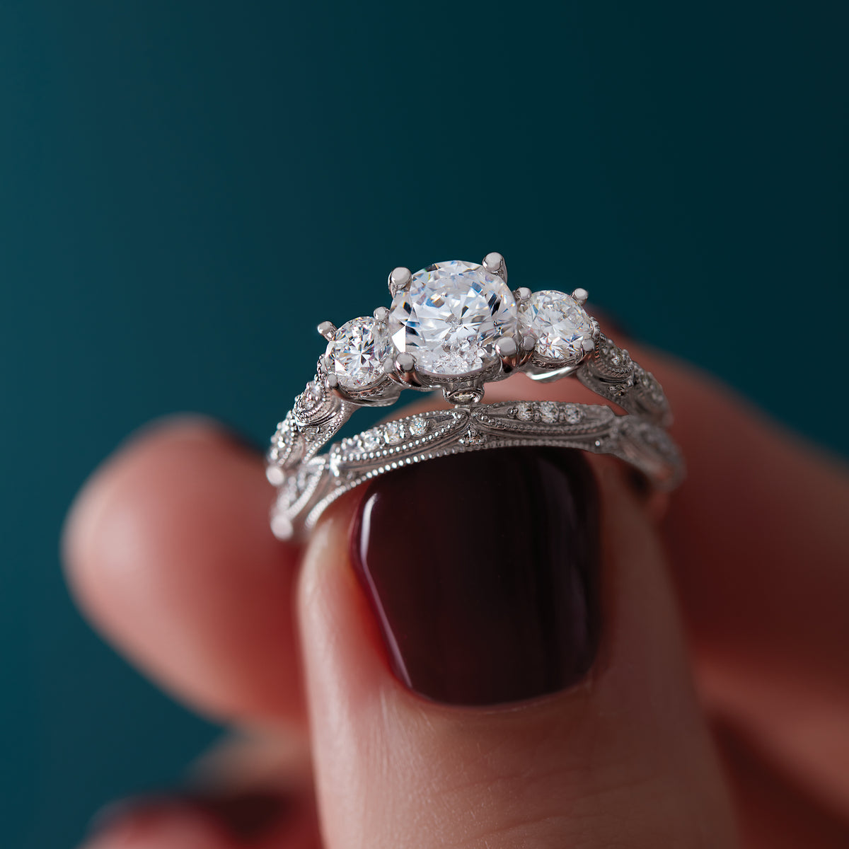 Lourdes Three-Stone Vintage Inspired Engagement Ring (Setting Only)