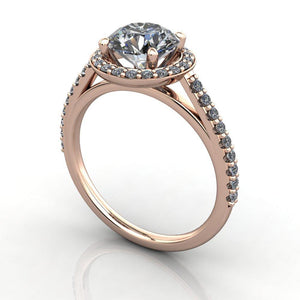 Halo engagement ring with side stones soha diamond co rose gold