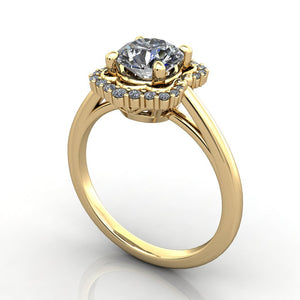 Shield shaped halo engagement ring yellow gold