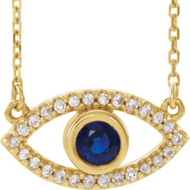 Evil Eye necklace in 14k yellow gold with blue sapphire and diamond