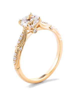 Vintage inspired detailed engagement ring yellow gold