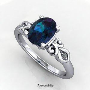 Vintage inspired scrollwork alexandrite engagement ring promise ring