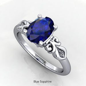 Vintage inspired scrollwork blue sapphire engagement ring promise ring