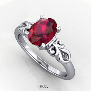 Vintage inspired scrollwork ruby engagement ring promise ring