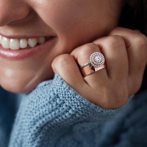 Double halo engagement ring two tone with hammered rose gold band