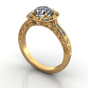 Vintage inspired detailed engagement ring yellow gold